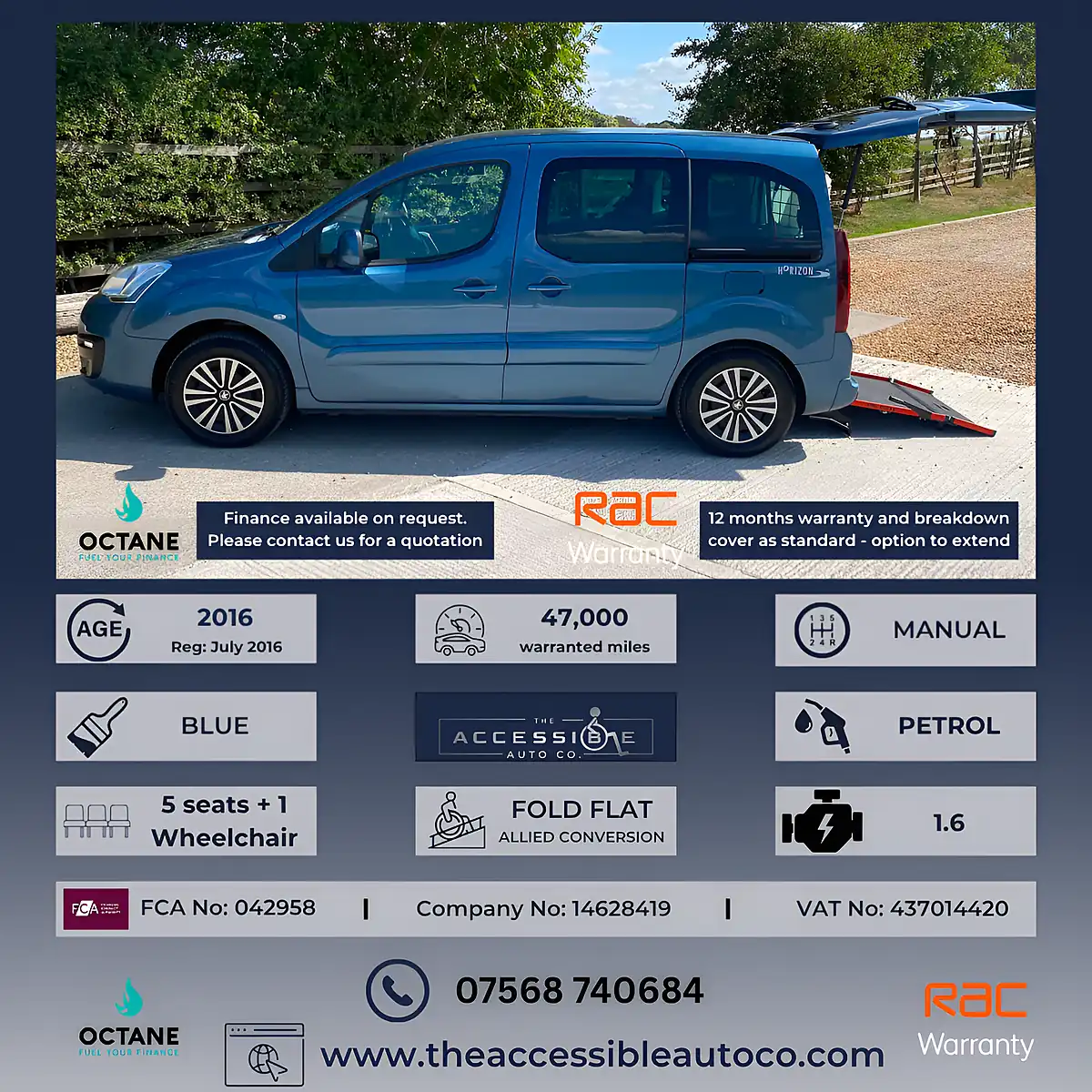 Used 2016 Peugeot Partner Tepee Active Blue - Front View